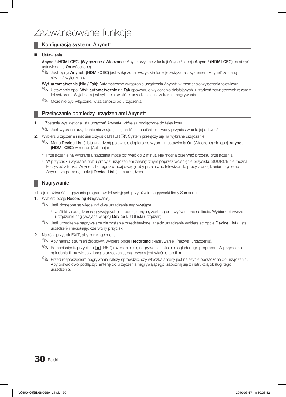 Zaawansowane funkcje | Samsung LE22C450E1W User Manual | Page 110 / 401