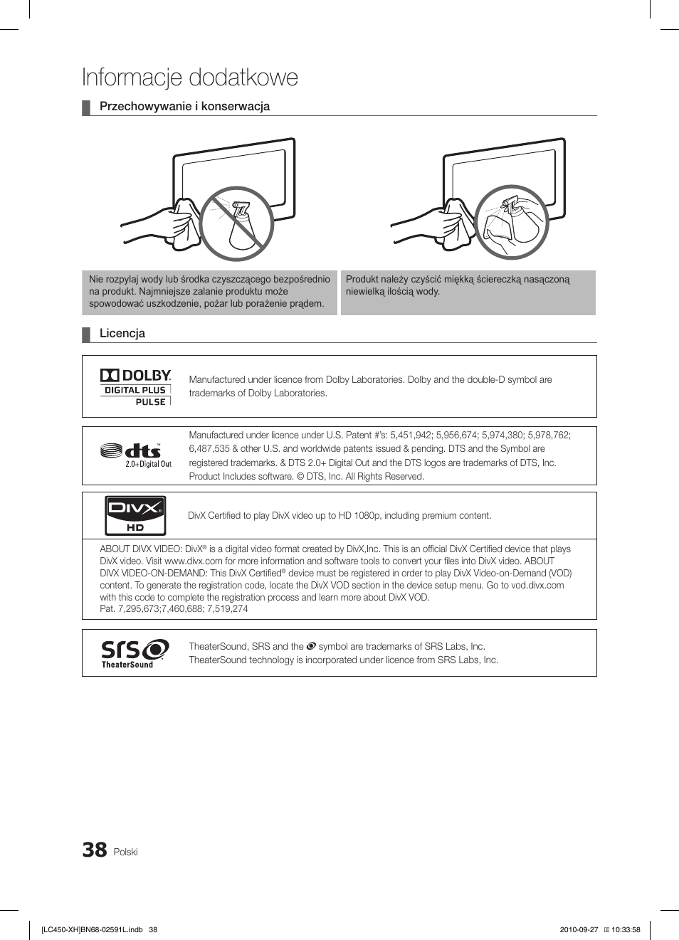 Informacje dodatkowe | Samsung LE22C450E1W User Manual | Page 118 / 401