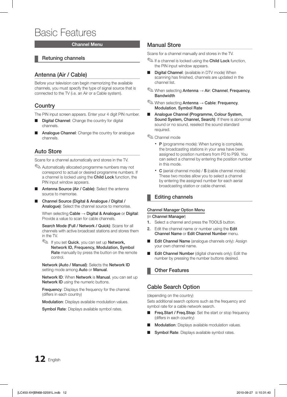 Basic features, Antenna (air / cable), Country | Auto store, Manual store, Cable search option | Samsung LE22C450E1W User Manual | Page 12 / 401