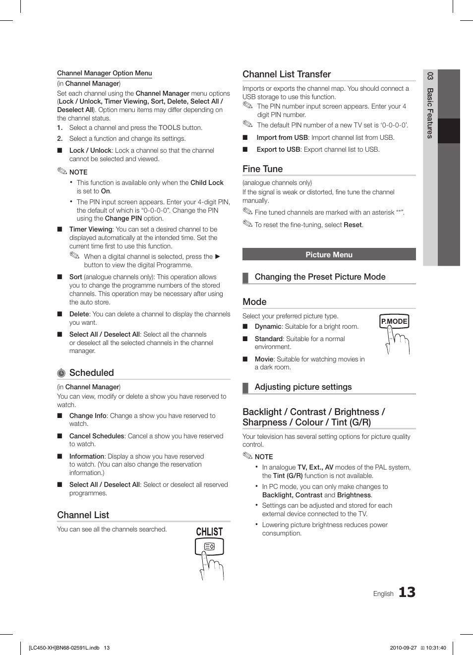 Scheduled, Channel list, Channel list transfer | Fine tune, Mode | Samsung LE22C450E1W User Manual | Page 13 / 401