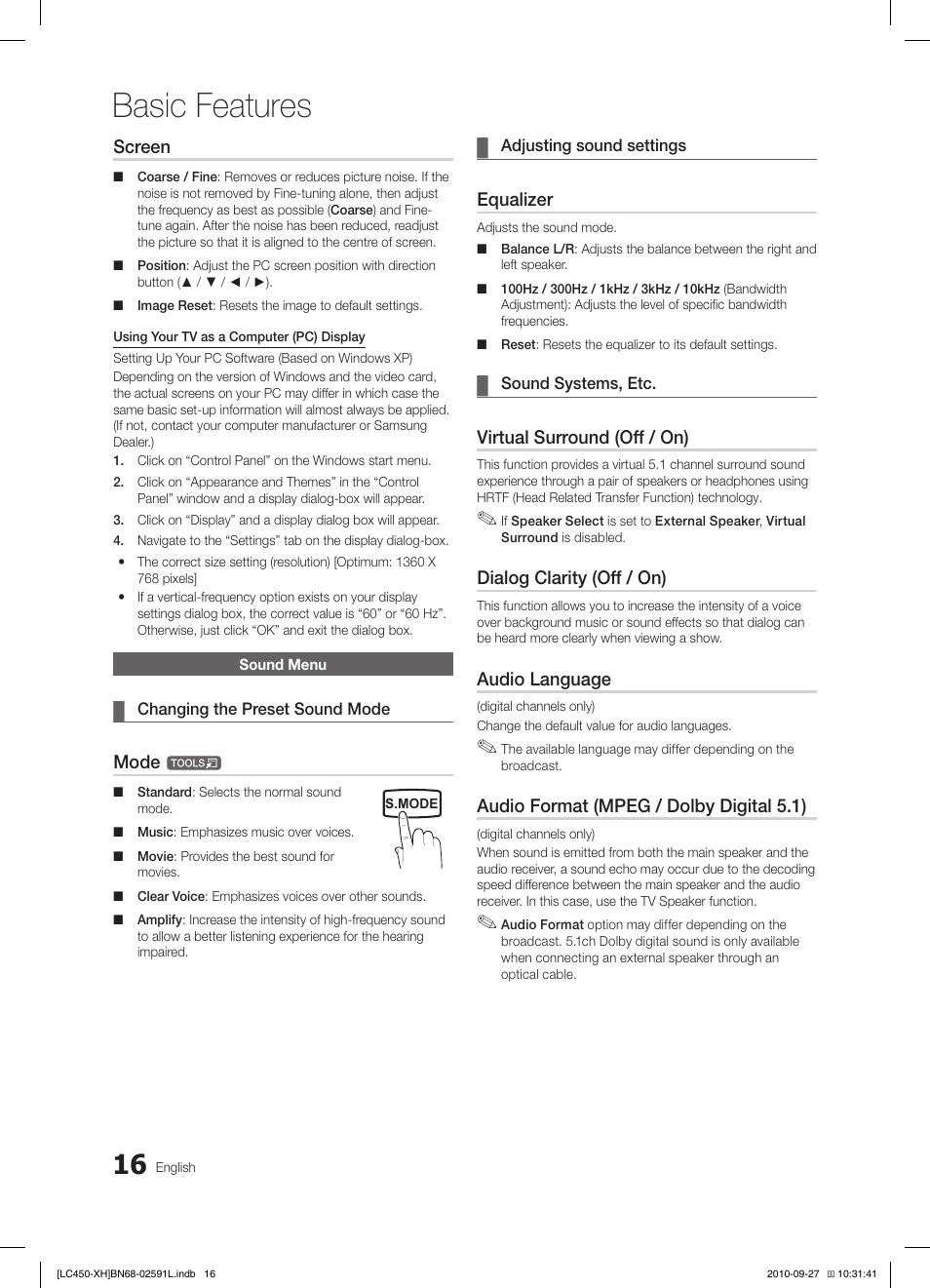 Basic features, Screen, Mode | Equalizer, Virtual surround (off / on), Dialog clarity (off / on), Audio language, Audio format (mpeg / dolby digital 5.1) | Samsung LE22C450E1W User Manual | Page 16 / 401