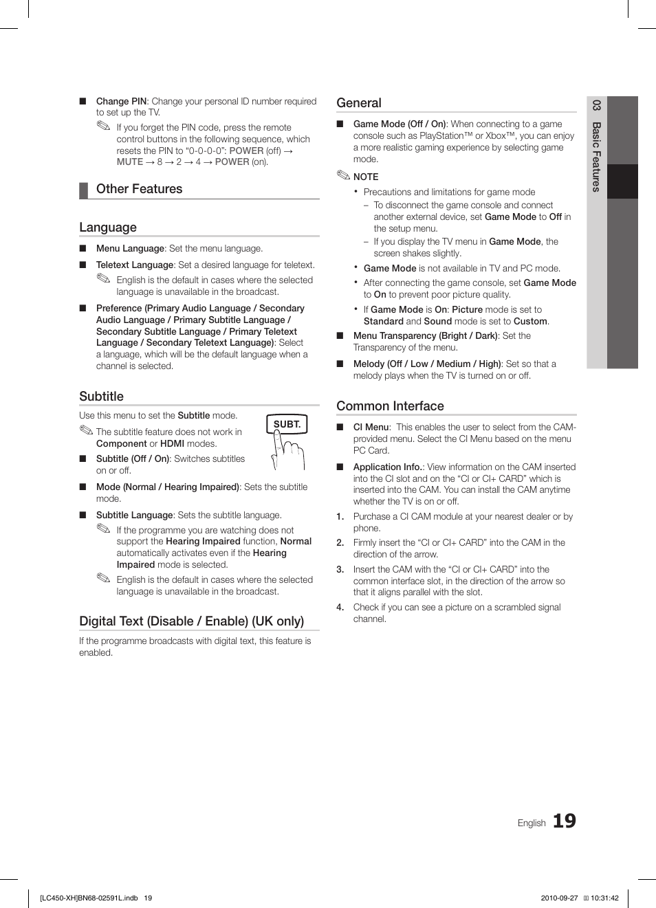 Other features ¦ language, Subtitle, Digital text (disable / enable) (uk only) | General, Common interface | Samsung LE22C450E1W User Manual | Page 19 / 401