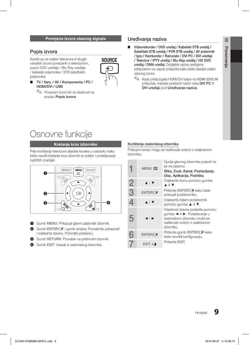 Osnovne funkcije, Popis izvora, Uređivanja naziva | Samsung LE22C450E1W User Manual | Page 209 / 401