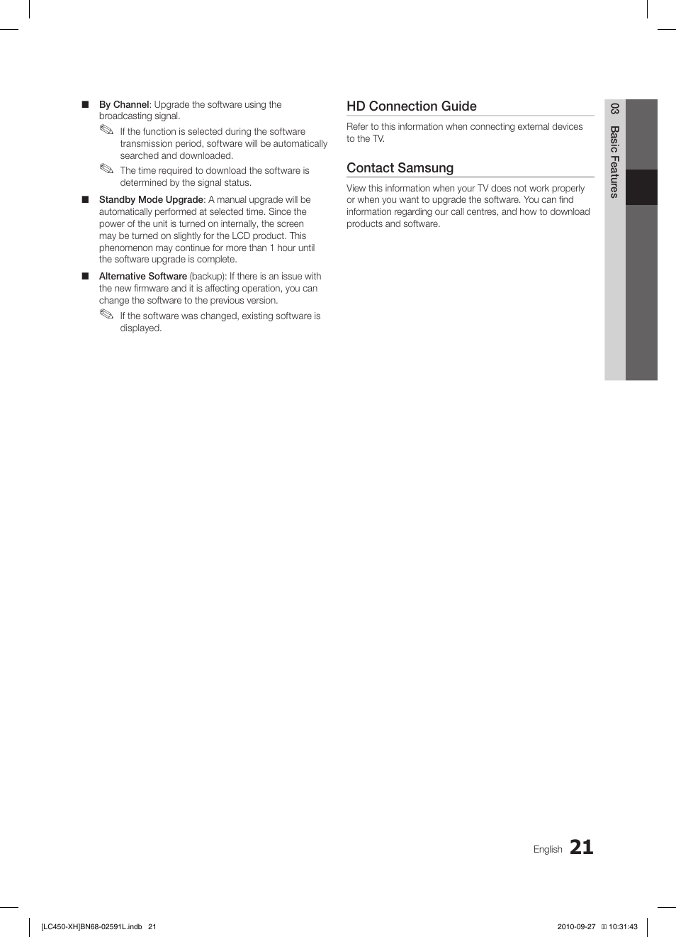 Hd connection guide, Contact samsung | Samsung LE22C450E1W User Manual | Page 21 / 401