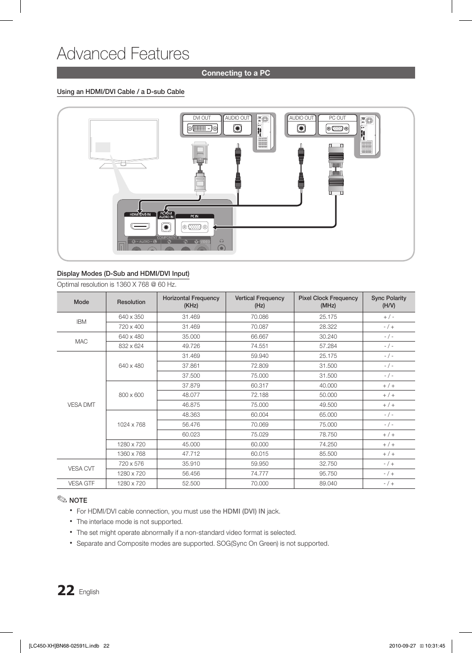 Advanced features, Connecting to a pc | Samsung LE22C450E1W User Manual | Page 22 / 401