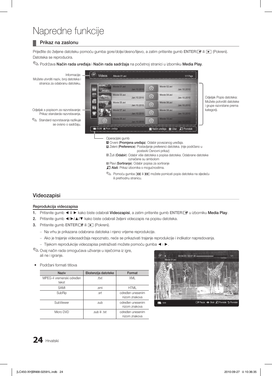 Napredne funkcije, Videozapisi, Prikaz na zaslonu | Samsung LE22C450E1W User Manual | Page 224 / 401