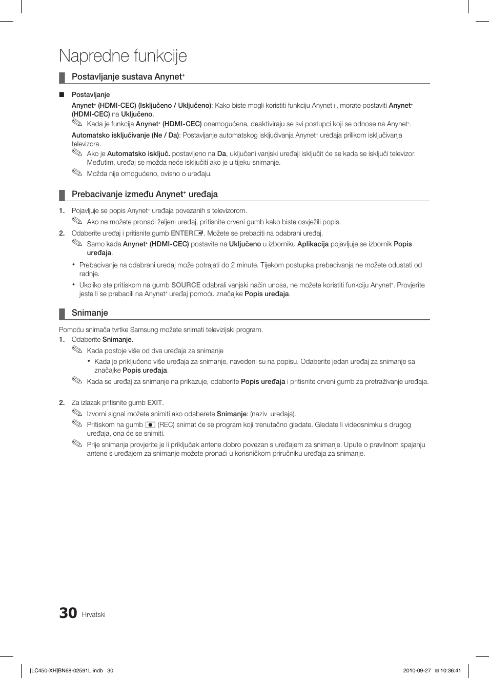 Napredne funkcije | Samsung LE22C450E1W User Manual | Page 230 / 401