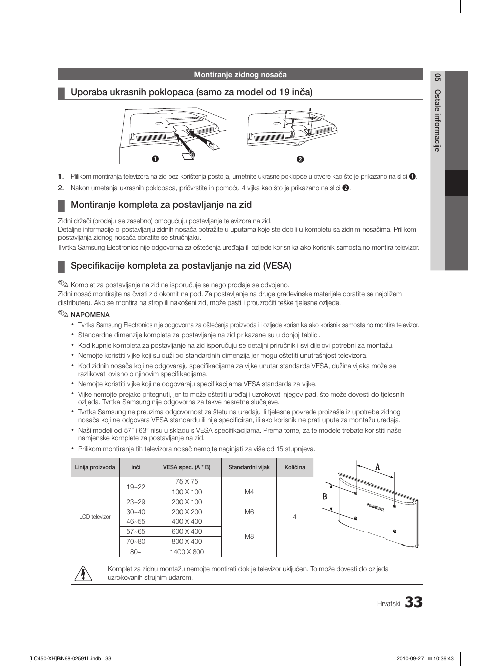 Montiranje kompleta za postavljanje na zid | Samsung LE22C450E1W User Manual | Page 233 / 401