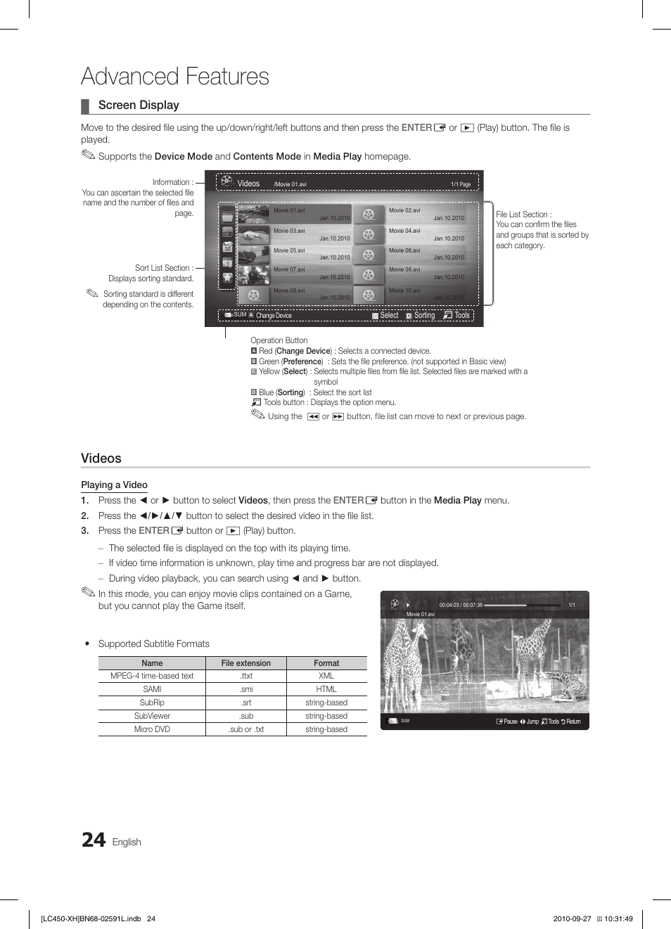 Advanced features, Videos, Screen display | Samsung LE22C450E1W User Manual | Page 24 / 401