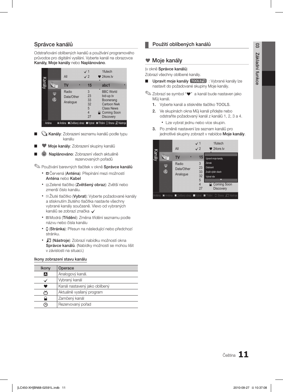 Správce kanálů, Moje kanály, Použití oblíbených kanálů | Samsung LE22C450E1W User Manual | Page 251 / 401