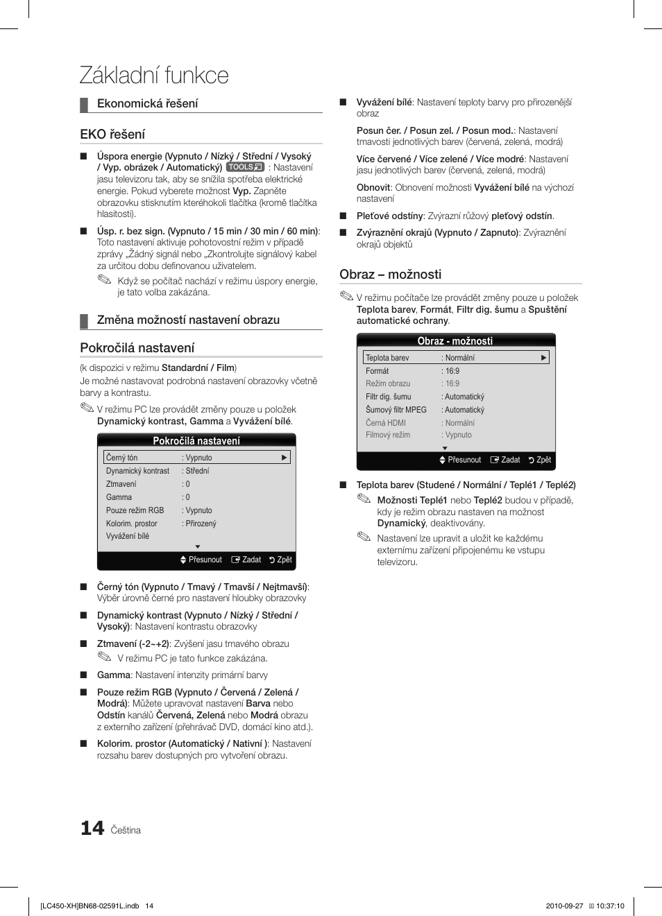 Základní funkce, Eko řešení, Pokročilá nastavení | Obraz – možnosti | Samsung LE22C450E1W User Manual | Page 254 / 401