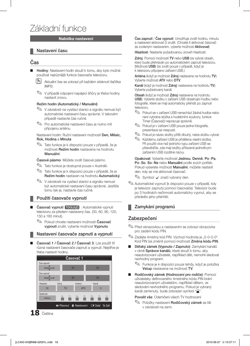 Základní funkce, Zabezpečení | Samsung LE22C450E1W User Manual | Page 258 / 401