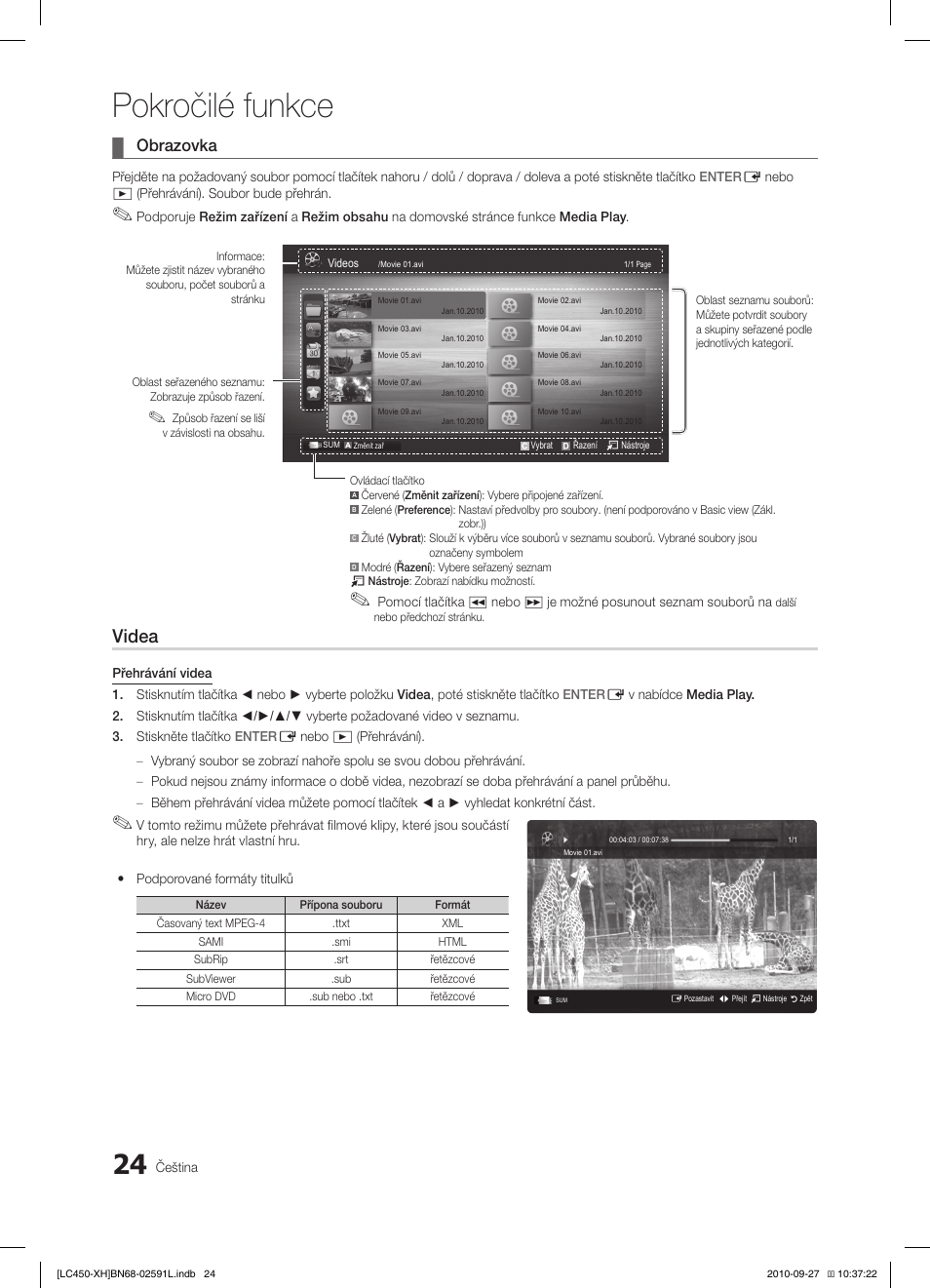 Pokročilé funkce, Videa, Obrazovka | Samsung LE22C450E1W User Manual | Page 264 / 401