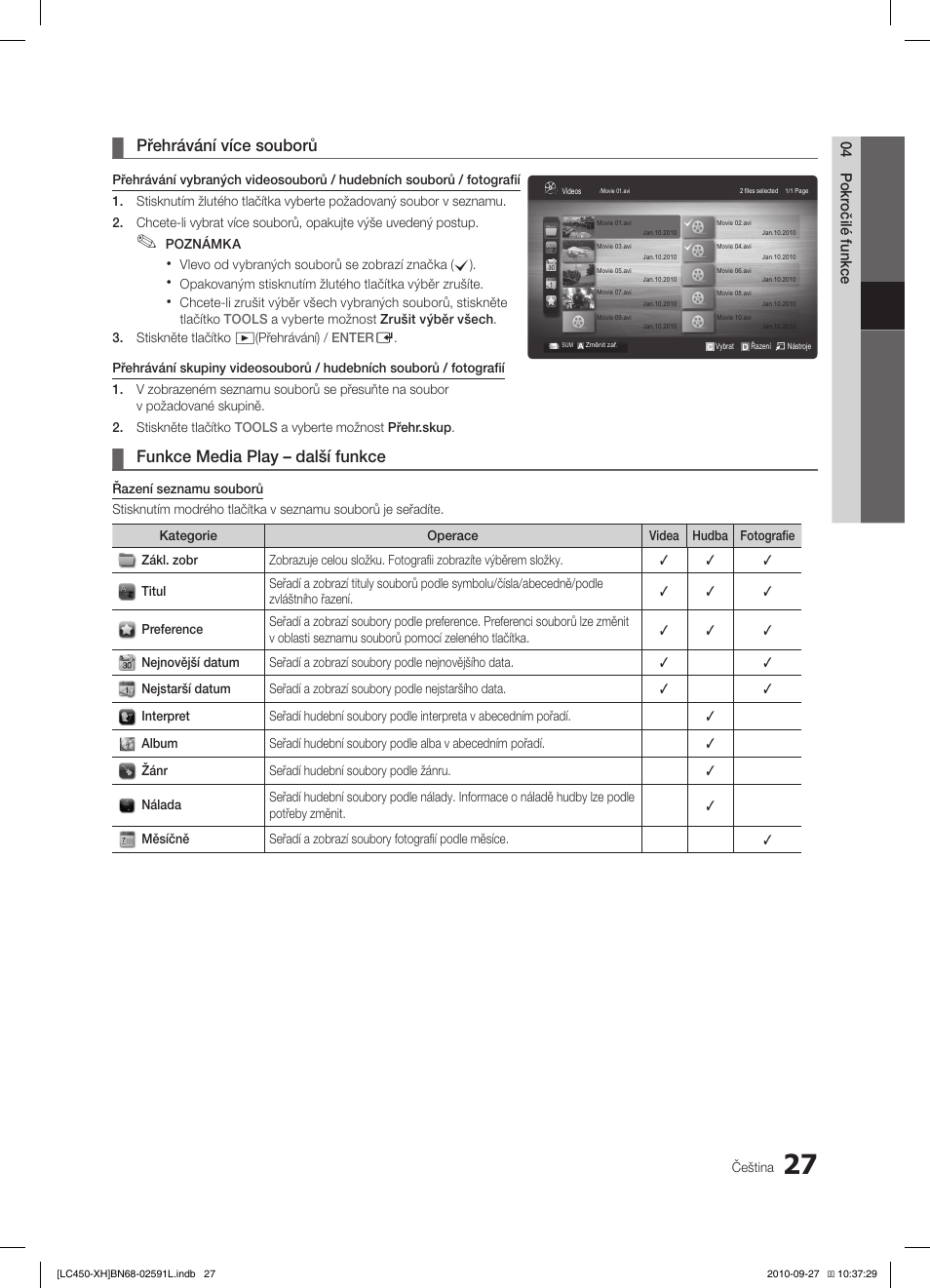 Přehrávání více souborů, Funkce media play – další funkce | Samsung LE22C450E1W User Manual | Page 267 / 401