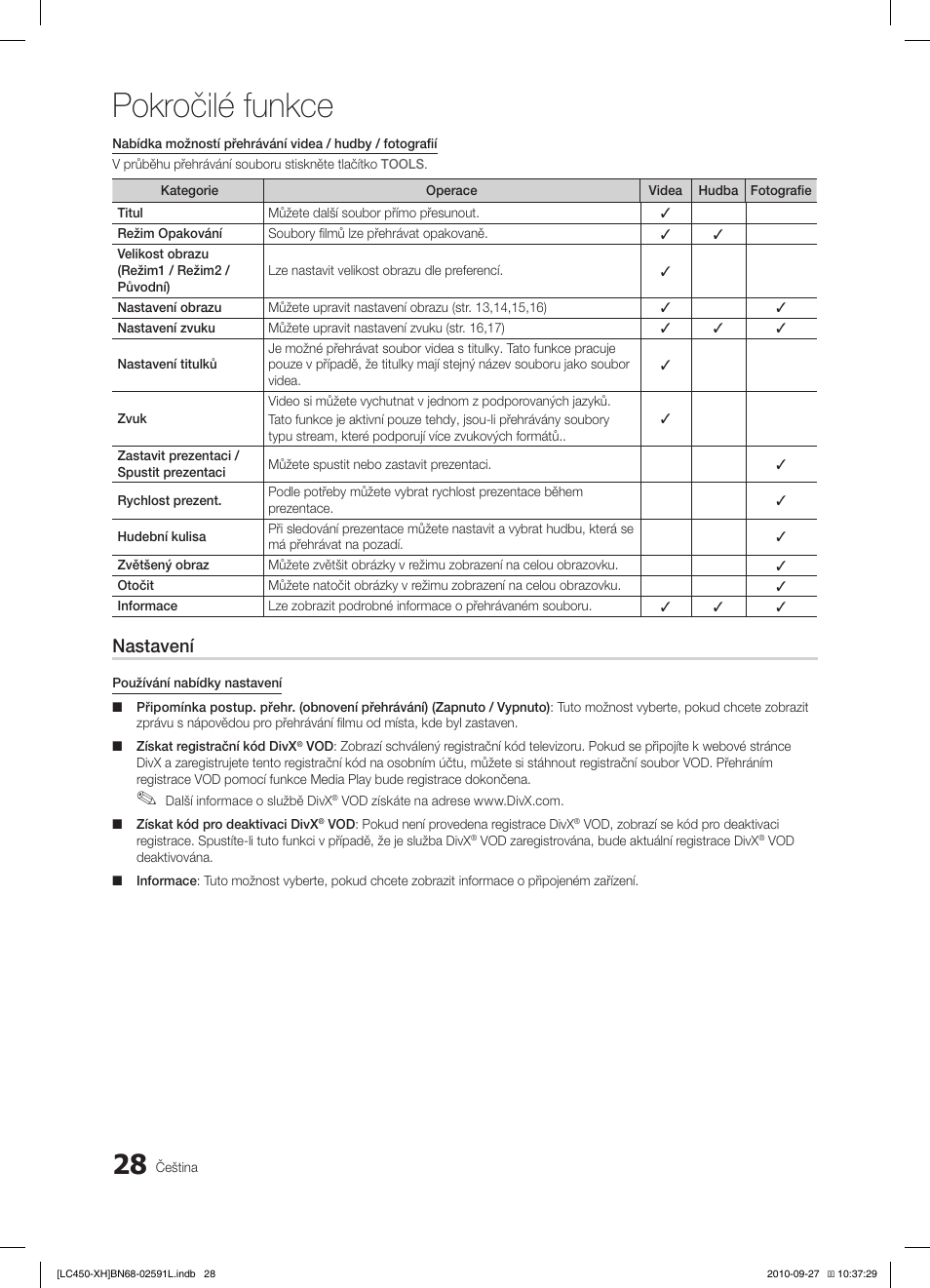 Pokročilé funkce, Nastavení | Samsung LE22C450E1W User Manual | Page 268 / 401