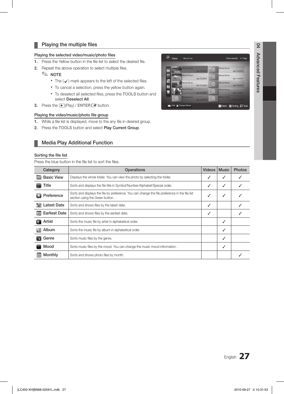 Playing the multiple files, Media play additional function | Samsung LE22C450E1W User Manual | Page 27 / 401