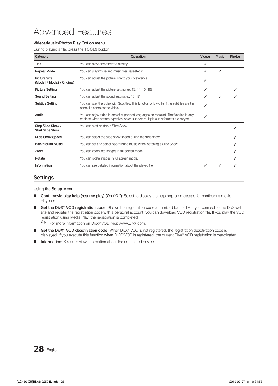 Advanced features, Settings | Samsung LE22C450E1W User Manual | Page 28 / 401