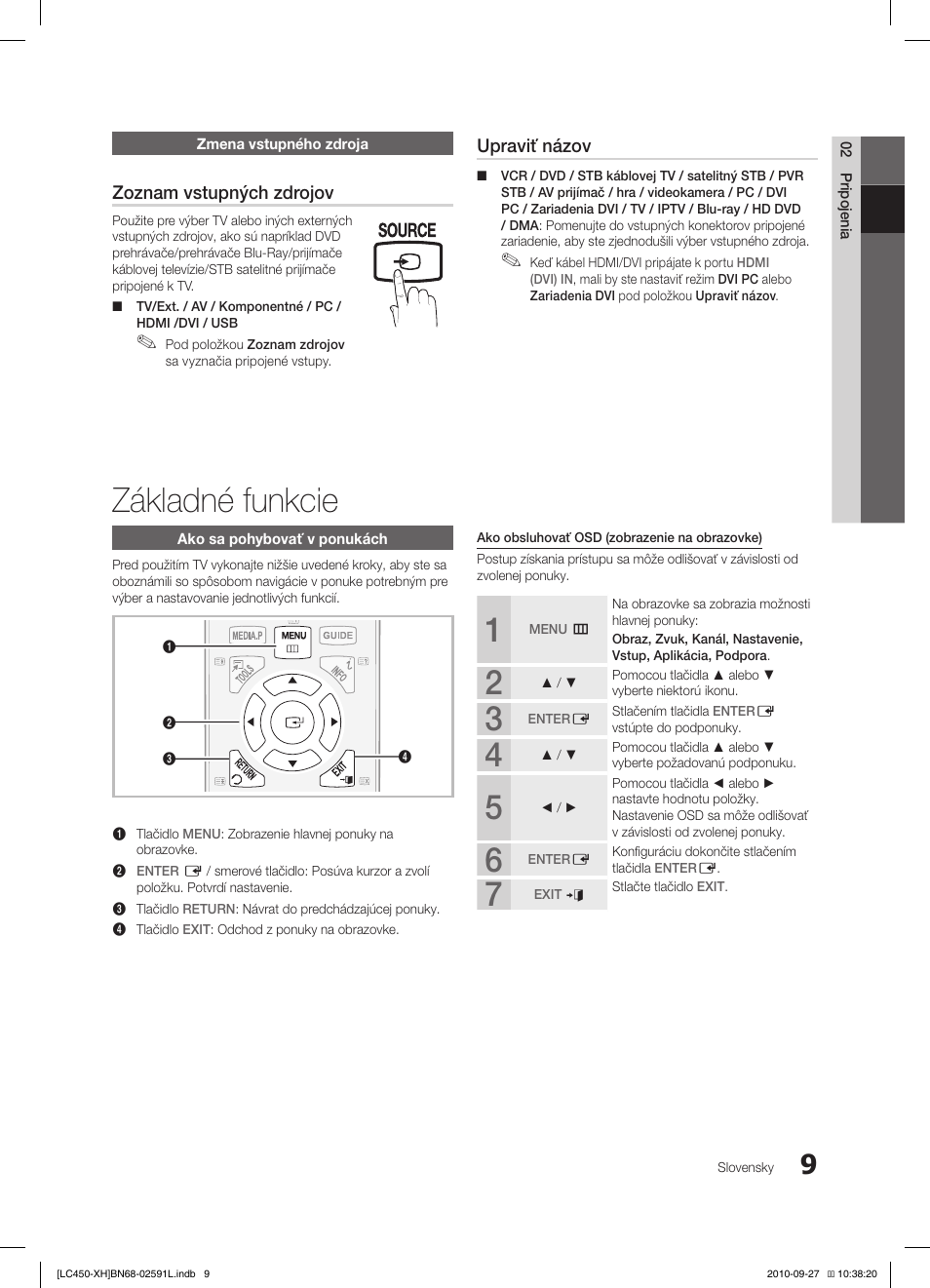 Základné funkcie, Zoznam vstupných zdrojov, Upraviť názov | Samsung LE22C450E1W User Manual | Page 289 / 401