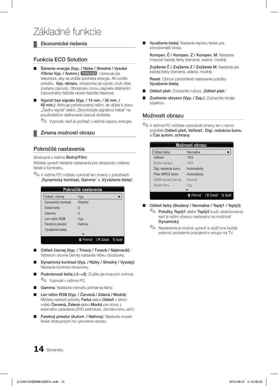 Základné funkcie, Funkcia eco solution, Pokročilé nastavenia | Možnosti obrazu | Samsung LE22C450E1W User Manual | Page 294 / 401