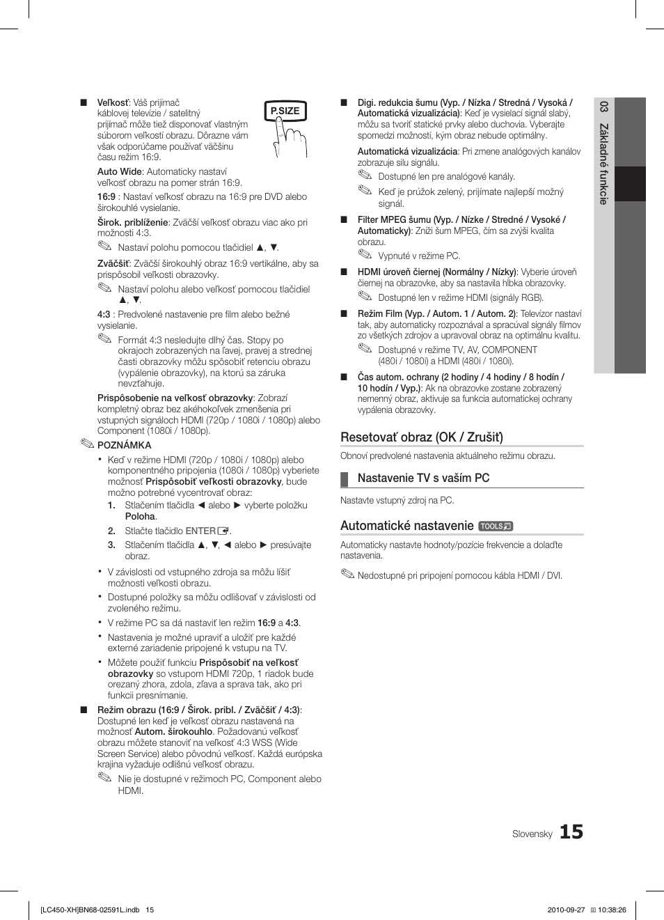 Resetovať obraz (ok / zrušiť), Automatické nastavenie | Samsung LE22C450E1W User Manual | Page 295 / 401