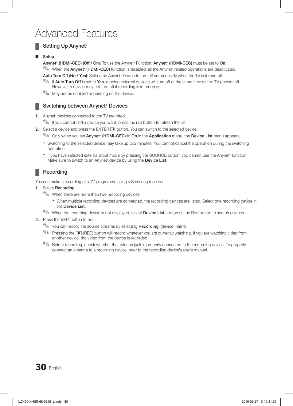 Advanced features | Samsung LE22C450E1W User Manual | Page 30 / 401