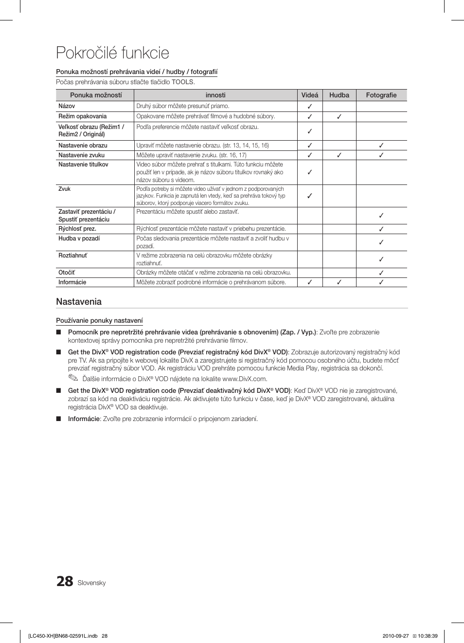 Pokročilé funkcie, Nastavenia | Samsung LE22C450E1W User Manual | Page 308 / 401