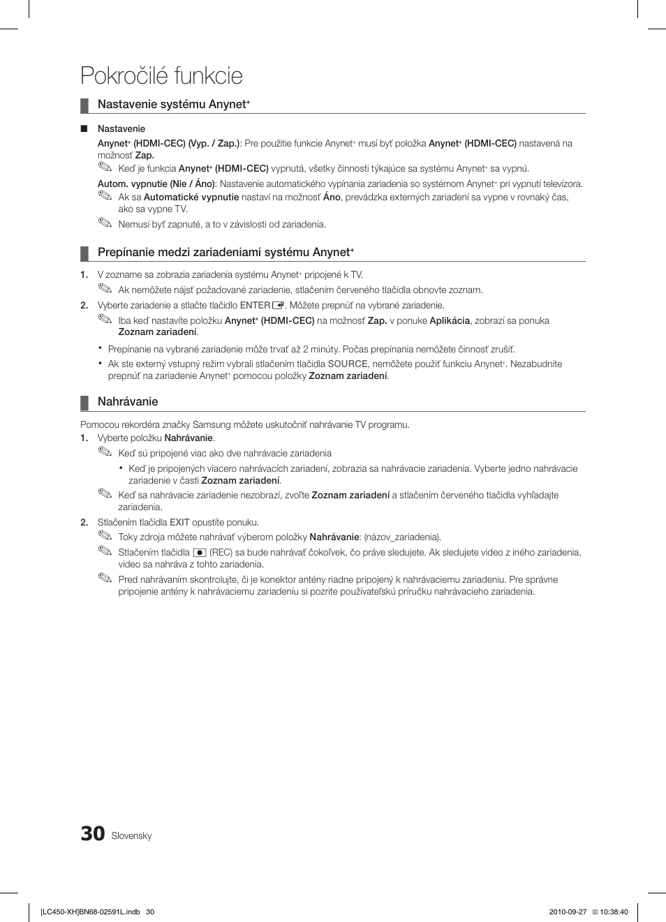 Pokročilé funkcie | Samsung LE22C450E1W User Manual | Page 310 / 401