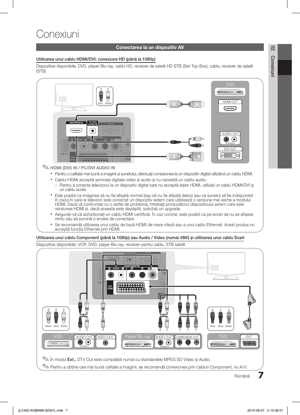 Conexiuni, 02 conexiuni, Conectarea la un dispozitiv av | Română, Dvd player blu-ray dvd vcr | Samsung LE22C450E1W User Manual | Page 327 / 401