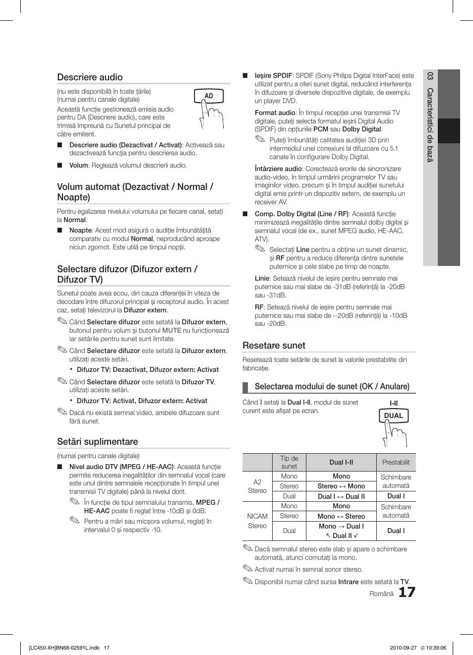 Descriere audio, Volum automat (dezactivat / normal / noapte), Selectare difuzor (difuzor extern / difuzor tv) | Setări suplimentare, Resetare sunet | Samsung LE22C450E1W User Manual | Page 337 / 401