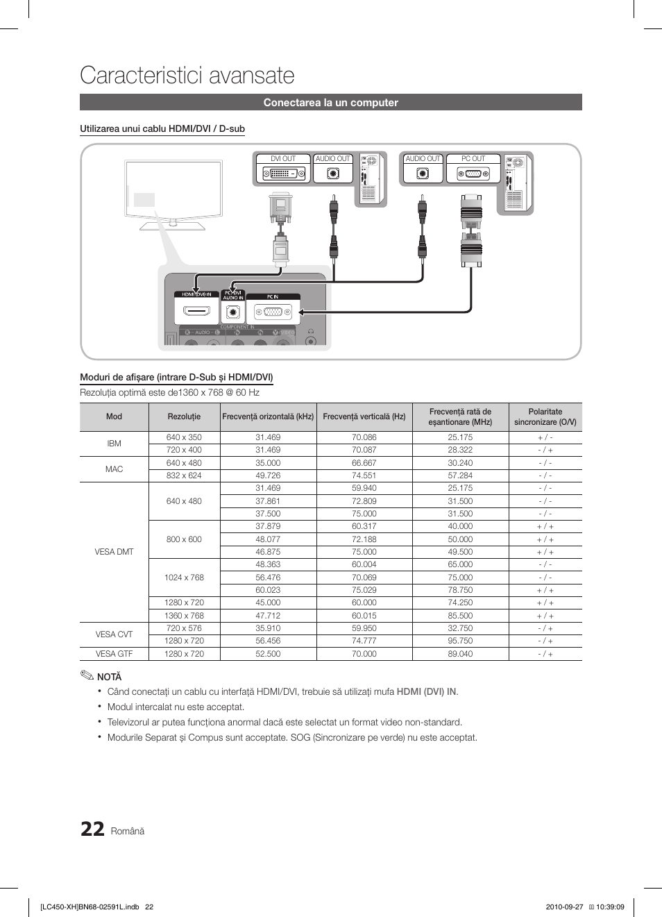 Caracteristici avansate, Conectarea la un computer | Samsung LE22C450E1W User Manual | Page 342 / 401