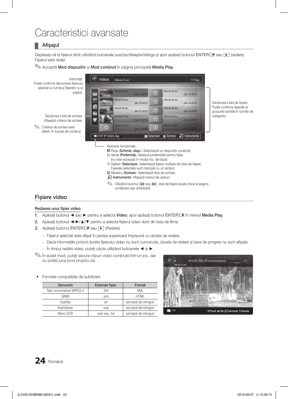 Caracteristici avansate, Fişiere video, Afişajul | Samsung LE22C450E1W User Manual | Page 344 / 401