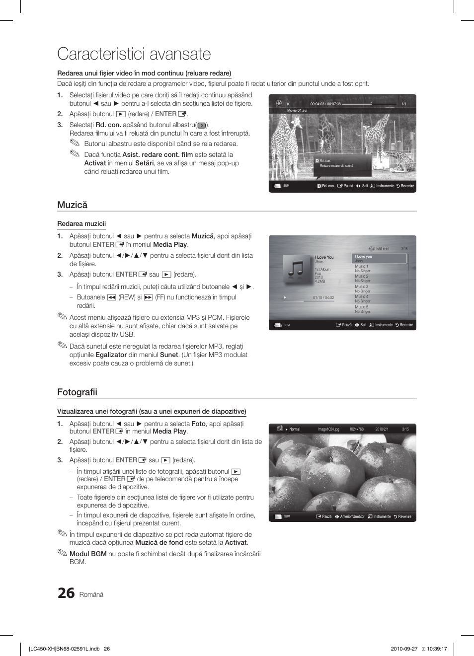 Caracteristici avansate, Muzică, Fotografii | Samsung LE22C450E1W User Manual | Page 346 / 401