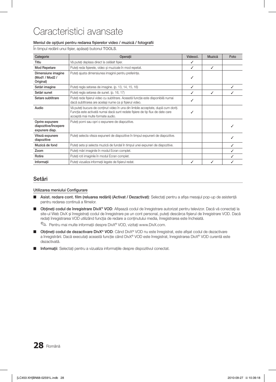 Caracteristici avansate, Setări | Samsung LE22C450E1W User Manual | Page 348 / 401