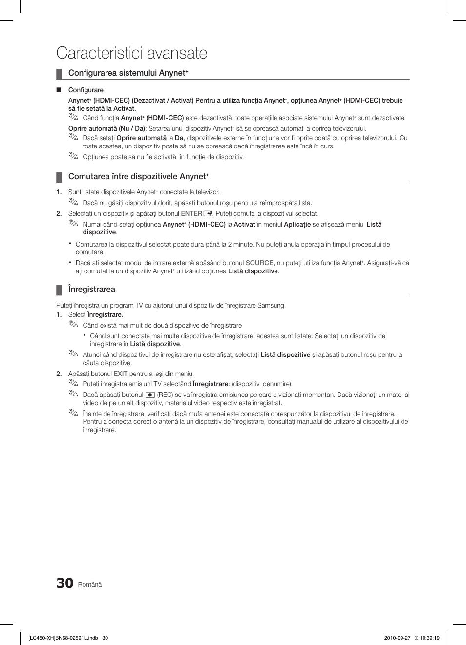 Caracteristici avansate | Samsung LE22C450E1W User Manual | Page 350 / 401