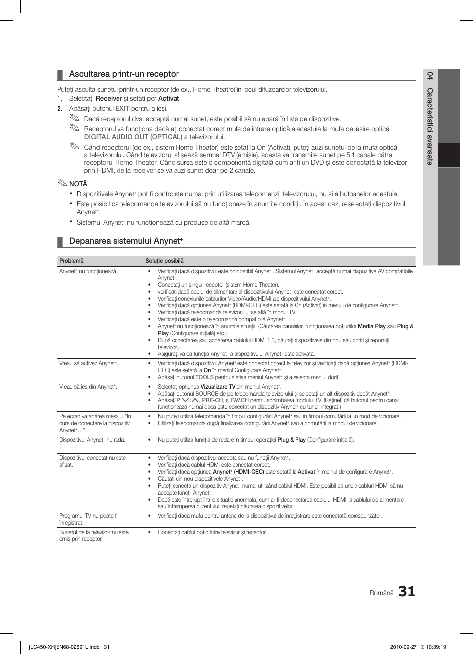 Ascultarea printr-un receptor, Depanarea sistemului anynet | Samsung LE22C450E1W User Manual | Page 351 / 401