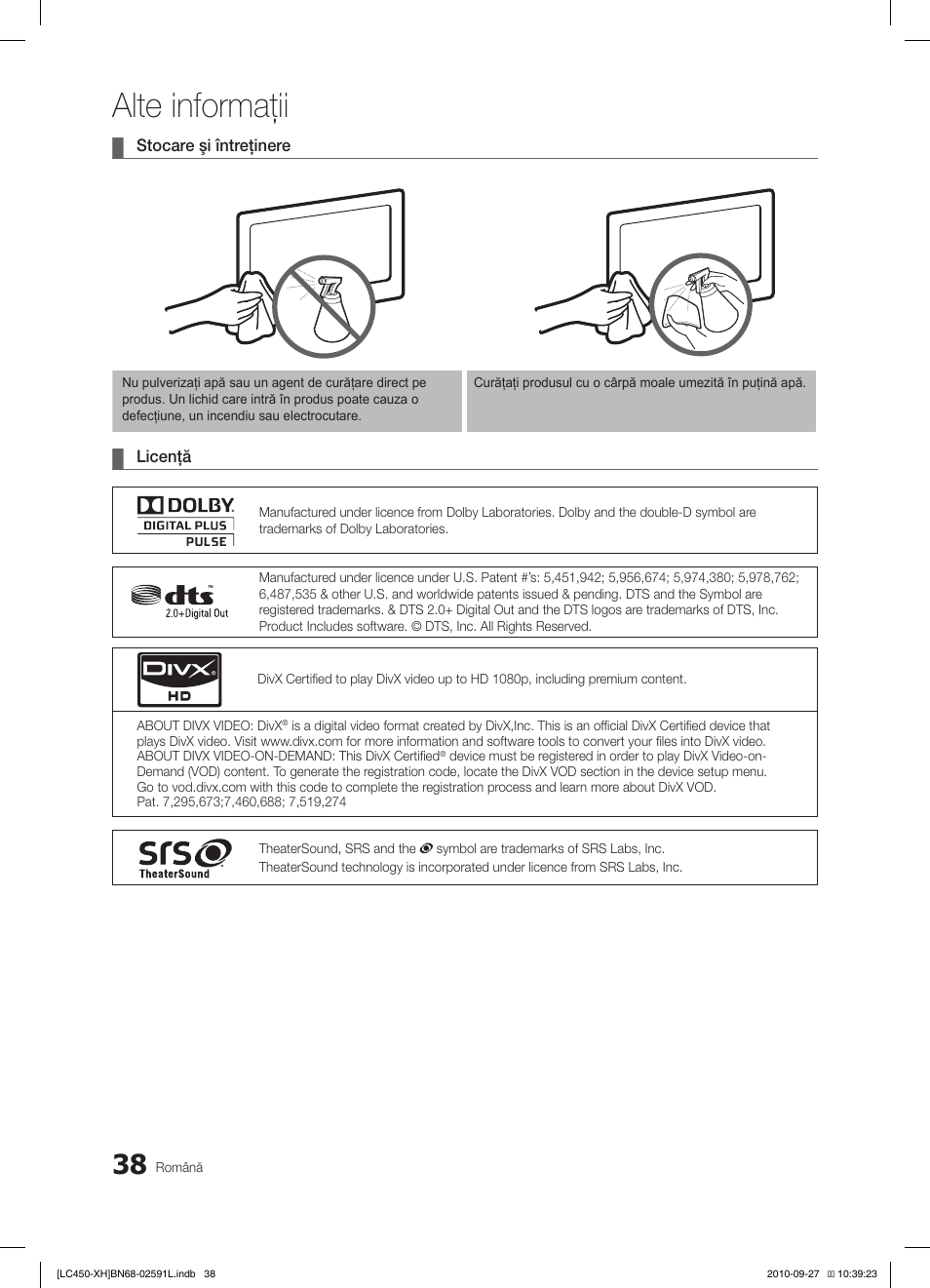 Alte informaţii | Samsung LE22C450E1W User Manual | Page 358 / 401