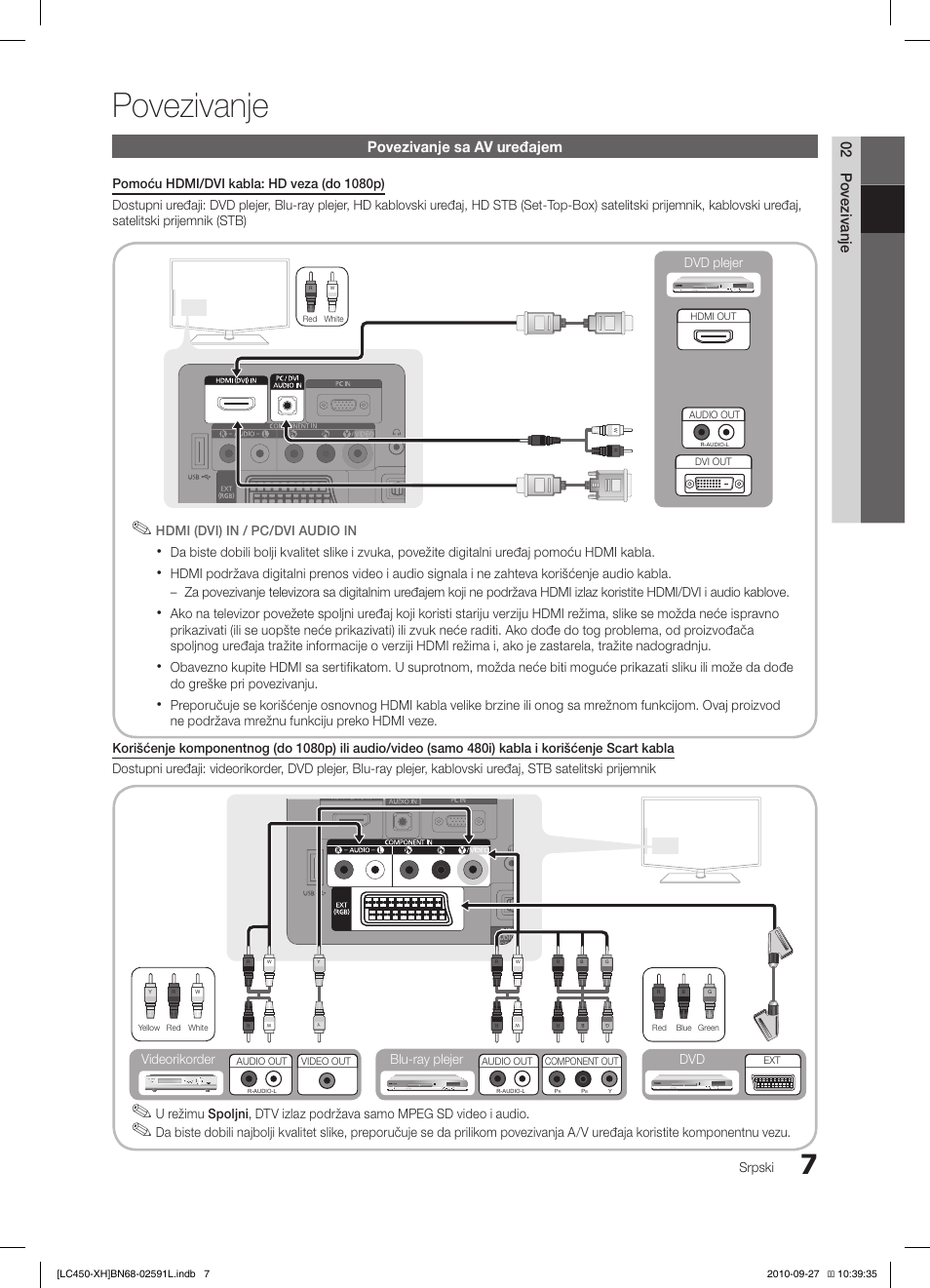 Povezivanje, 02 povezivanje, Povezivanje sa av uređajem | Srpski, Blu-ray plejer dvd videorikorder dvd plejer | Samsung LE22C450E1W User Manual | Page 367 / 401