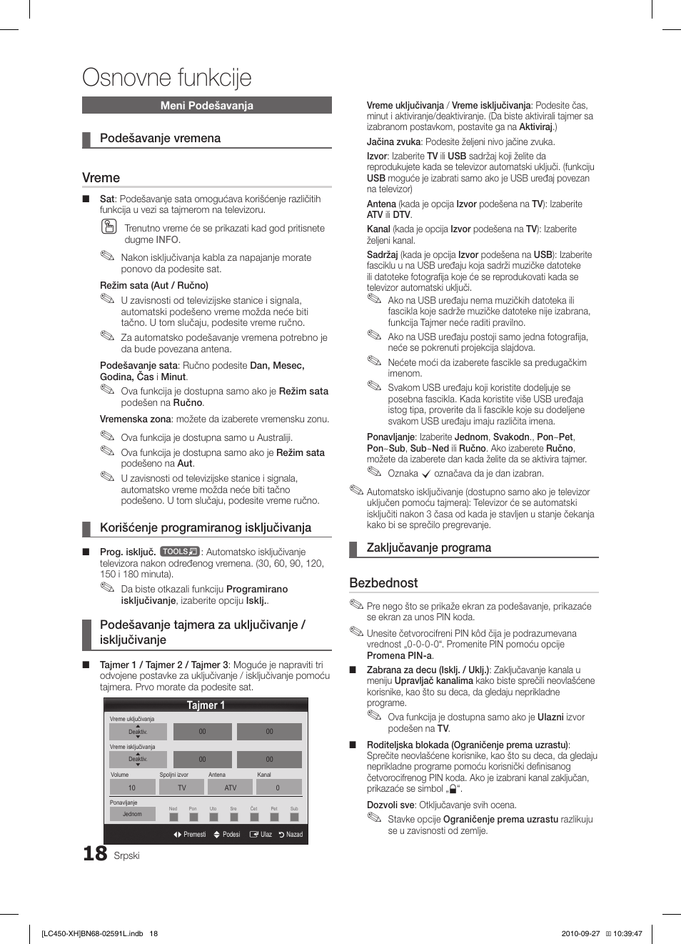 Osnovne funkcije, Vreme, Bezbednost | Samsung LE22C450E1W User Manual | Page 378 / 401