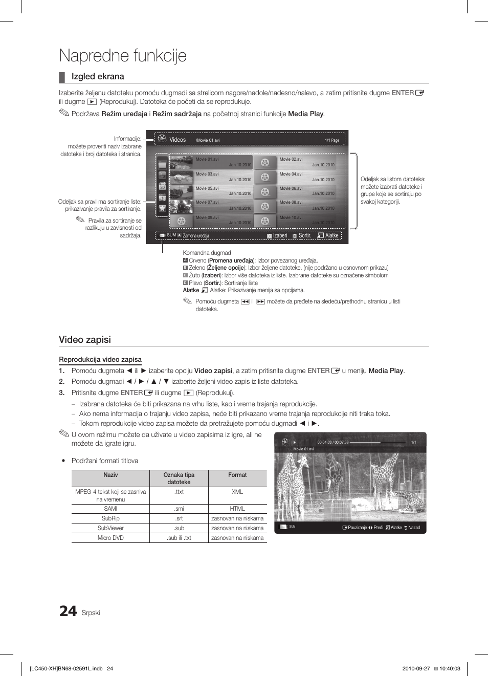 Napredne funkcije, Video zapisi, Izgled ekrana | Samsung LE22C450E1W User Manual | Page 384 / 401