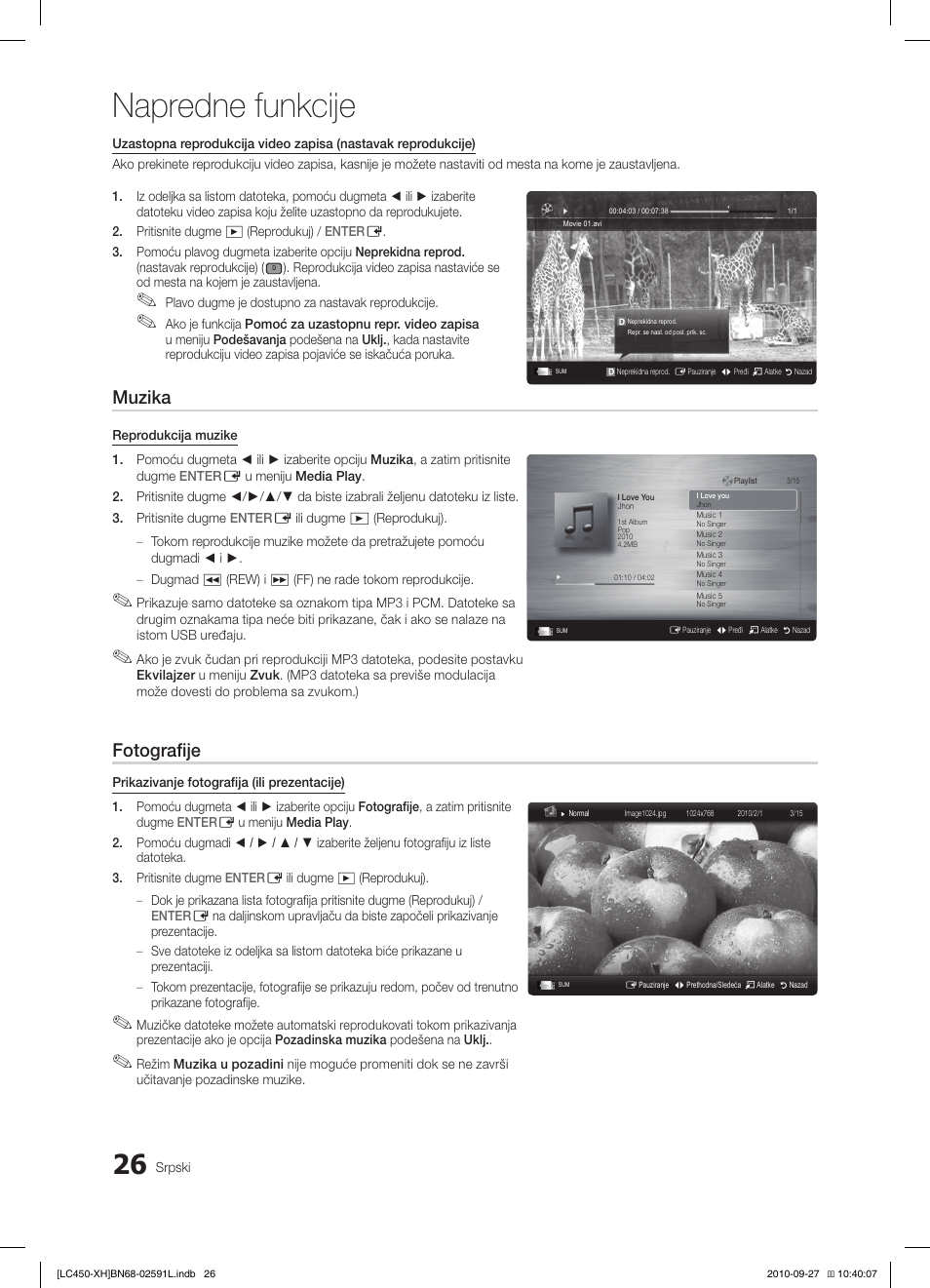Napredne funkcije, Muzika, Fotografije | Samsung LE22C450E1W User Manual | Page 386 / 401