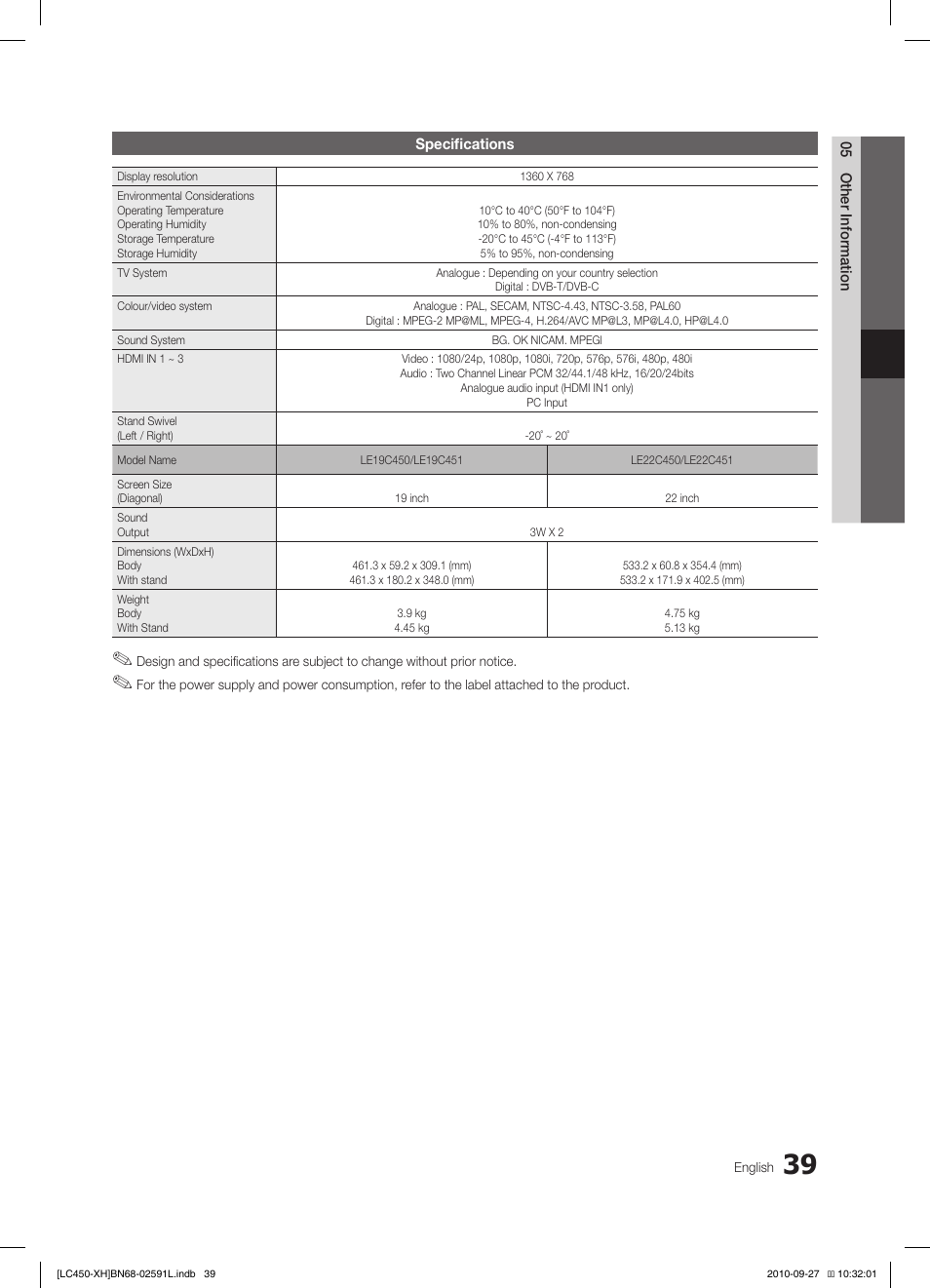 Samsung LE22C450E1W User Manual | Page 39 / 401
