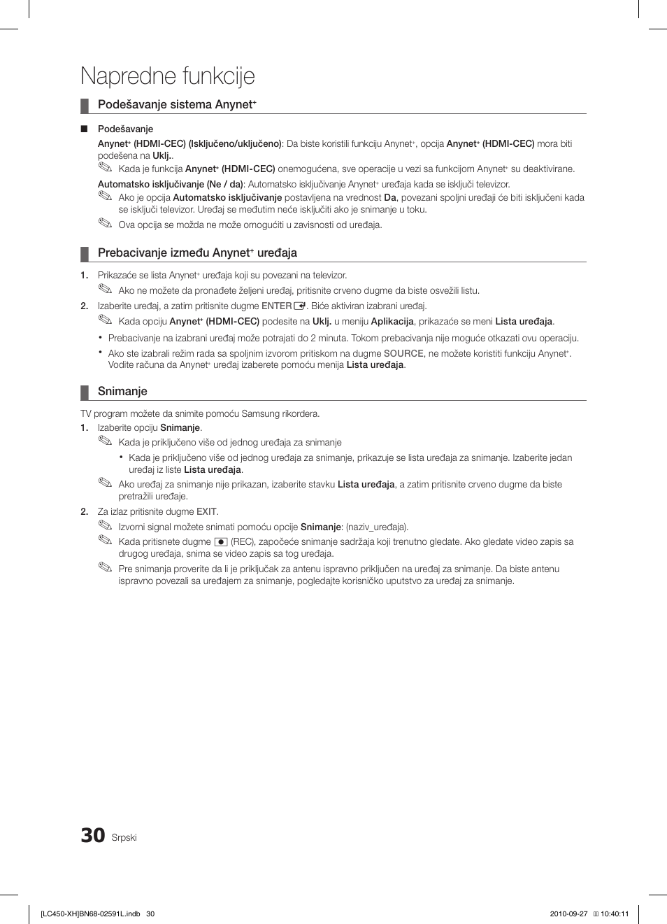 Napredne funkcije | Samsung LE22C450E1W User Manual | Page 390 / 401