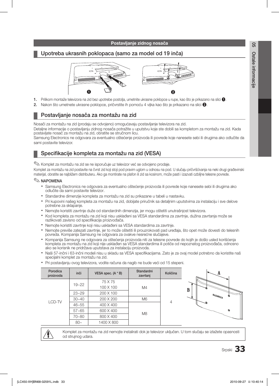 Postavljanje nosača za montažu na zid, Specifikacije kompleta za montažu na zid (vesa) | Samsung LE22C450E1W User Manual | Page 393 / 401