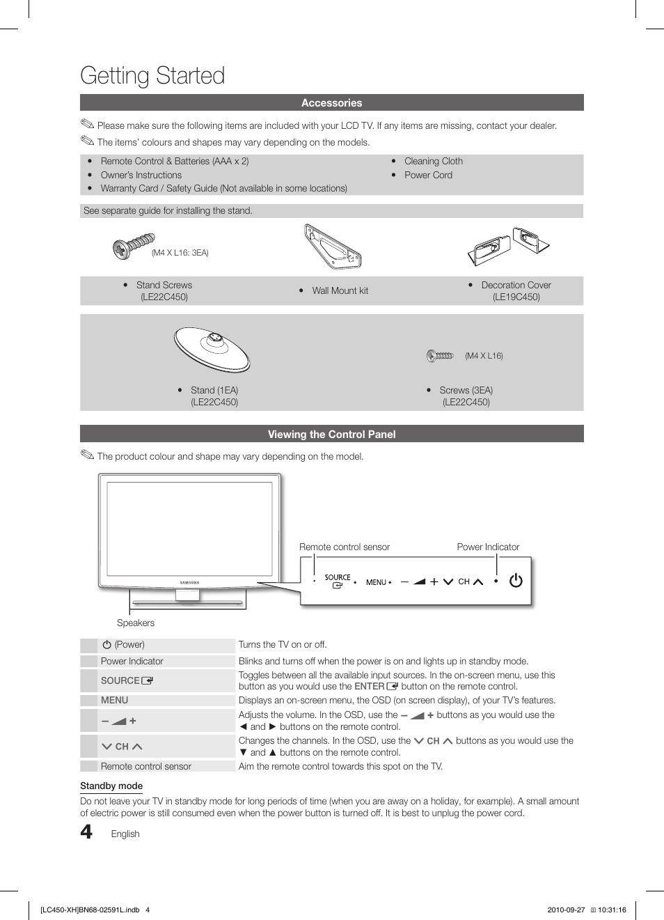 Getting started | Samsung LE22C450E1W User Manual | Page 4 / 401