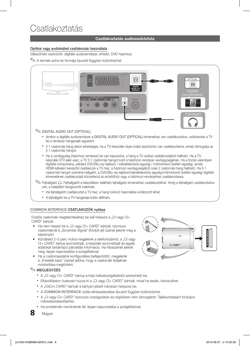 Csatlakoztatás | Samsung LE22C450E1W User Manual | Page 48 / 401
