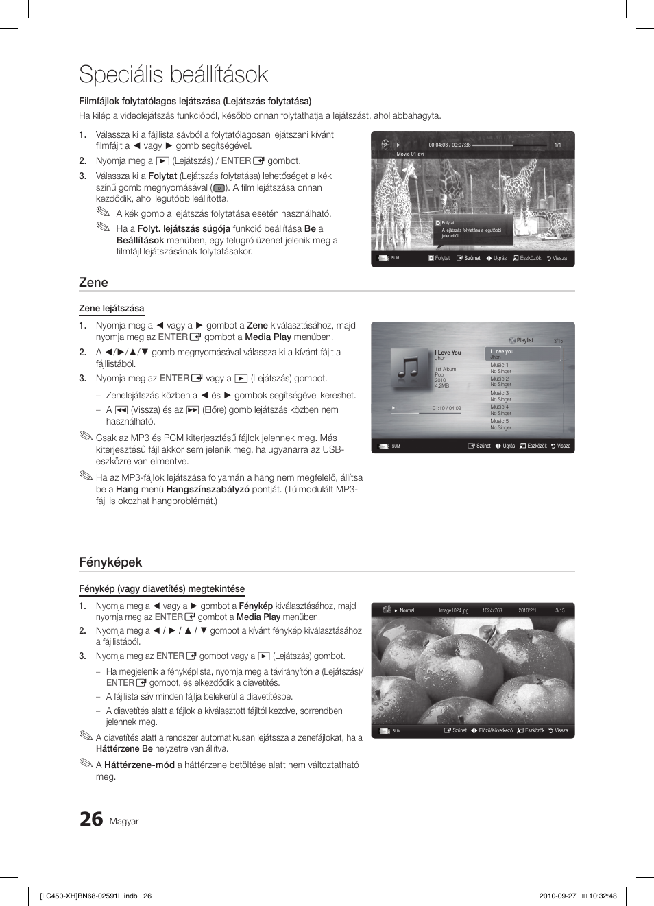 Speciális beállítások, Zene, Fényképek | Samsung LE22C450E1W User Manual | Page 66 / 401