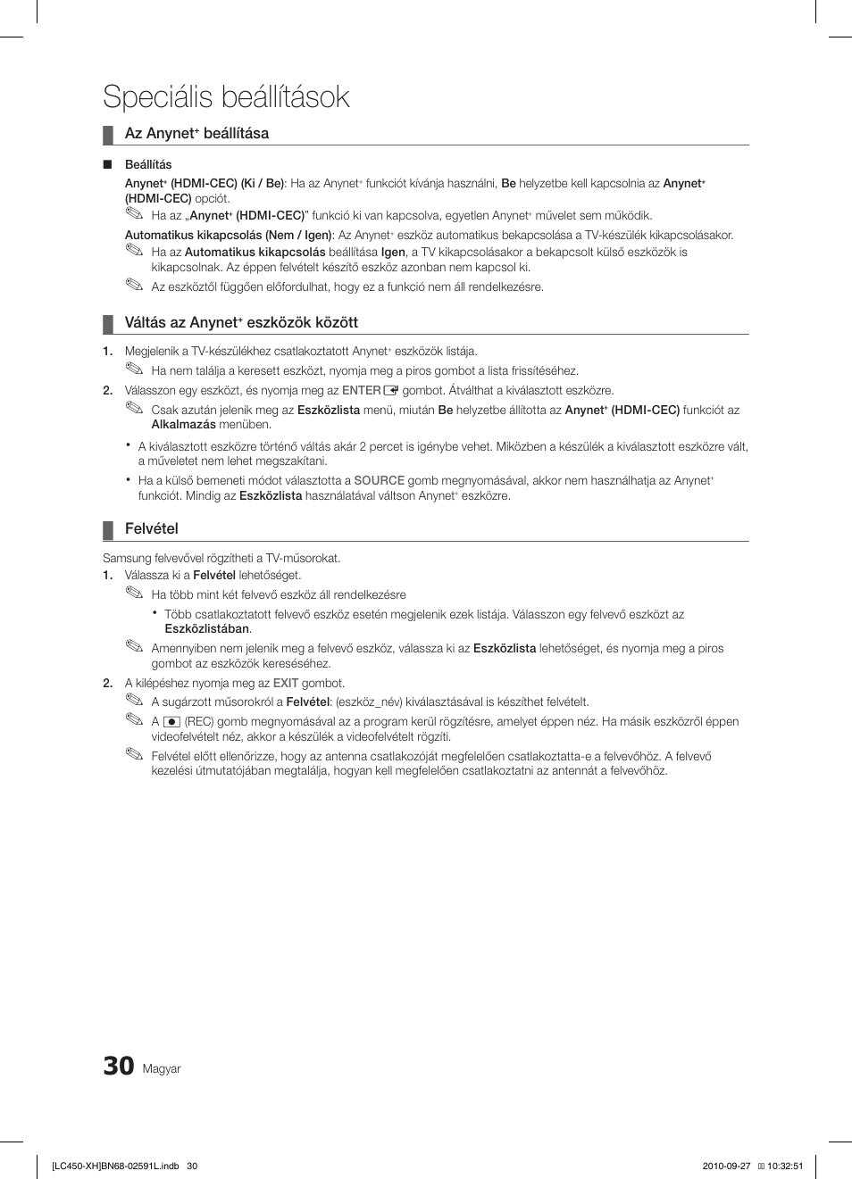 Speciális beállítások | Samsung LE22C450E1W User Manual | Page 70 / 401