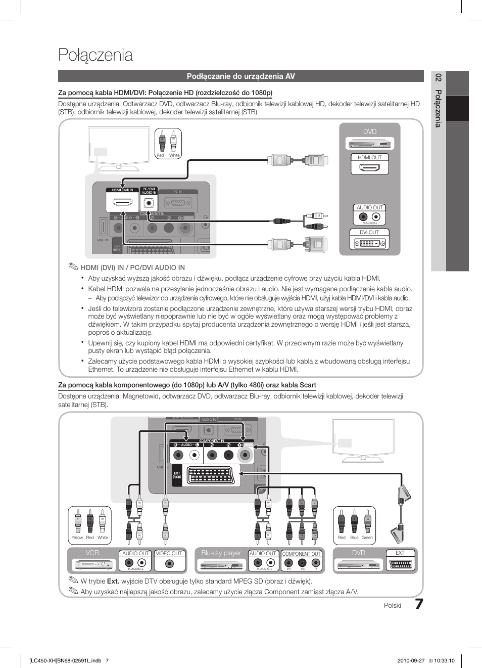 Połączenia, 02 połączenia, Podłączanie do urządzenia av | Polski, Blu-ray player dvd vcr | Samsung LE22C450E1W User Manual | Page 87 / 401