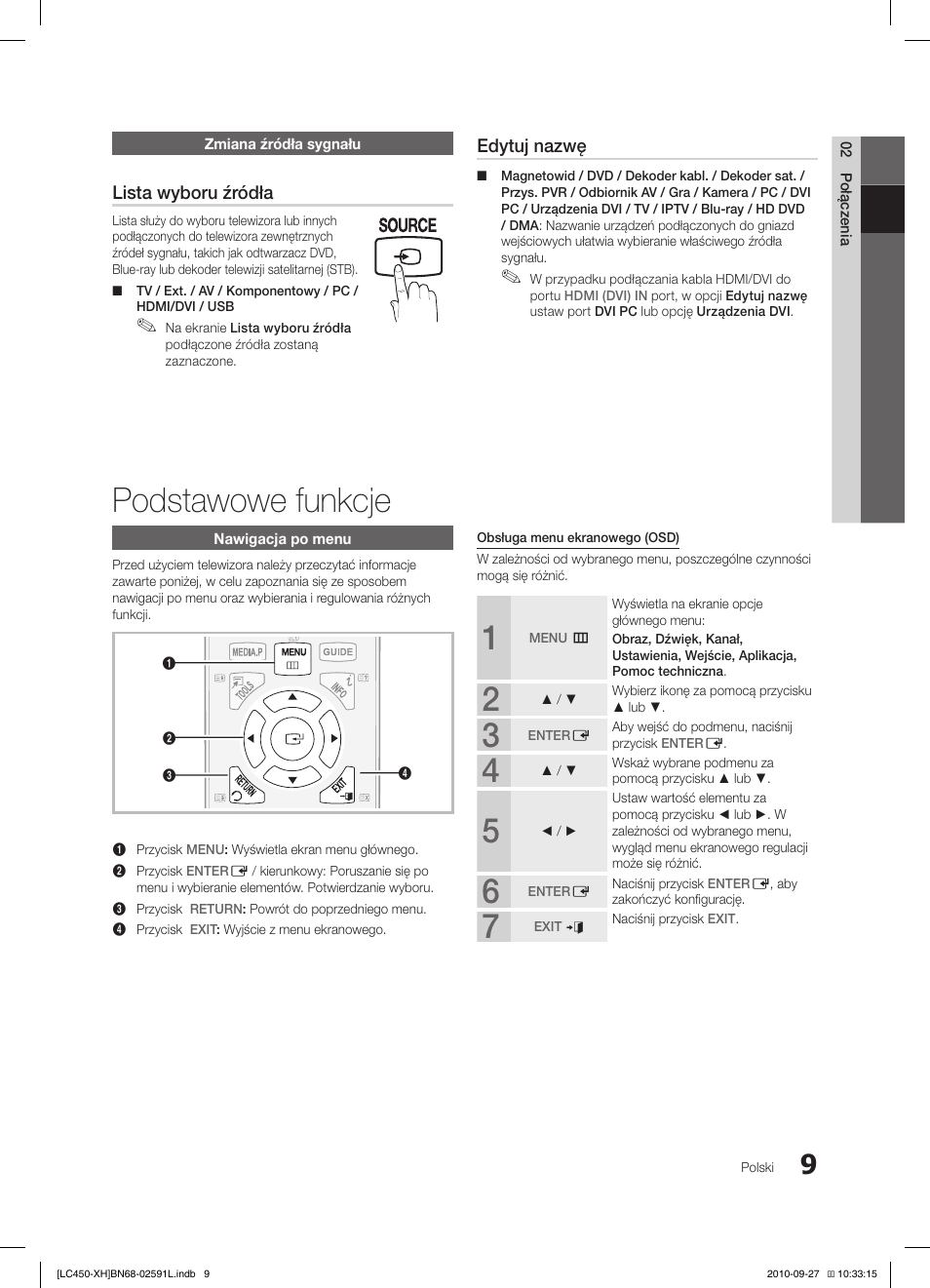 Podstawowe funkcje, Lista wyboru źródła, Edytuj nazwę | Samsung LE22C450E1W User Manual | Page 89 / 401