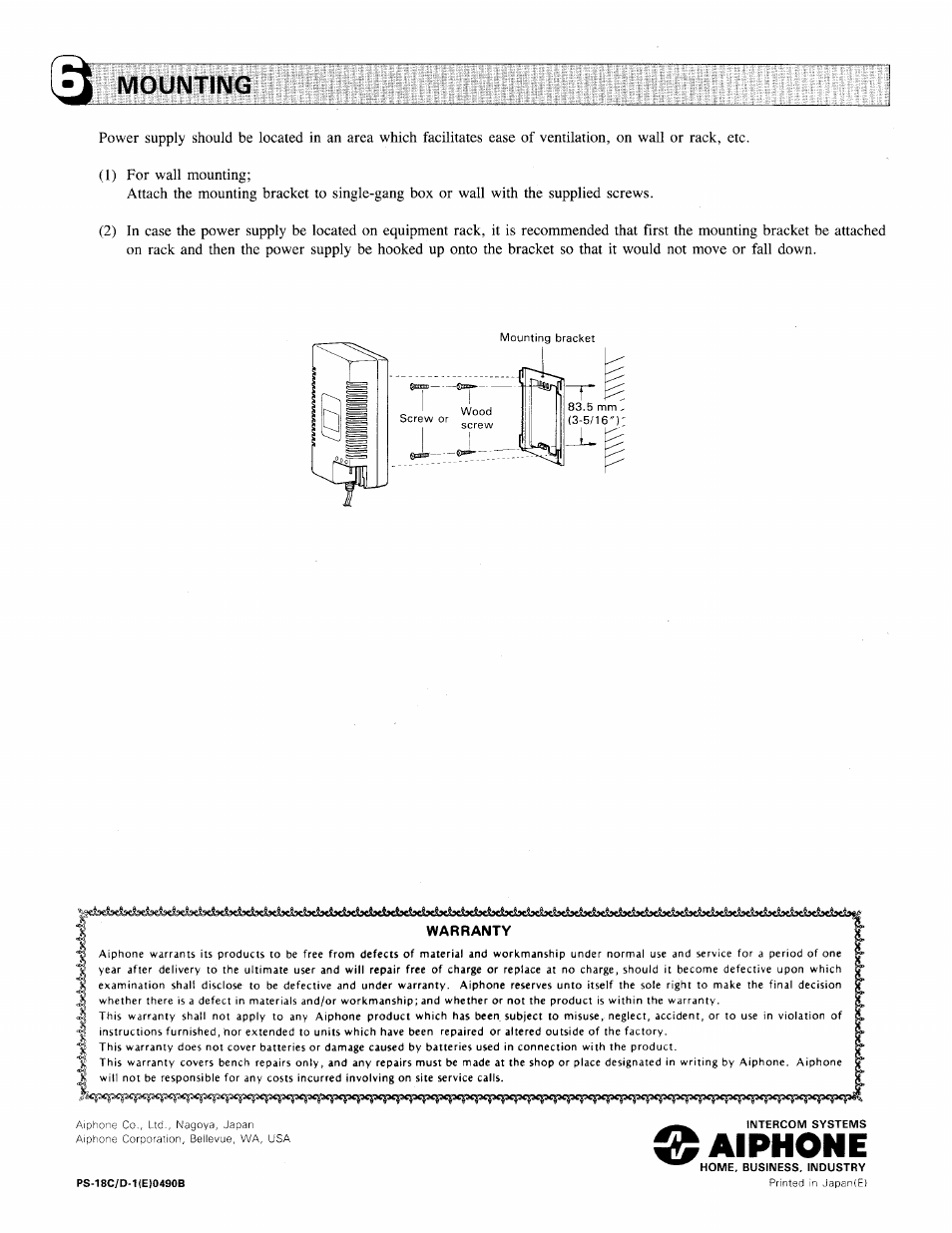 Mounting, Aiphone | Aiphone ADAPTOR PS-18D User Manual | Page 2 / 2
